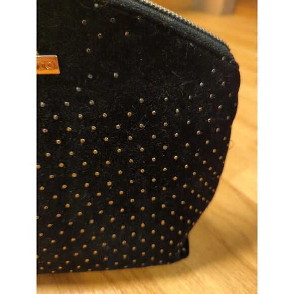 Vince Camuto Cosmetic Makeup Bag Black Velvet Gold Micro Studs Zip Pom Pom - Picture 2 of 11